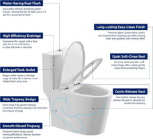 Load image into Gallery viewer, 12 in Rough-In 1-Piece, 0.9/1.3 GPF Dual Flush Elongated Toilet in White Ceramic with Soft-Close Seat 17.13 in Height