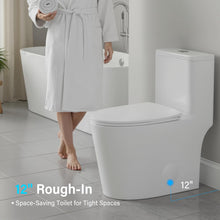 Load image into Gallery viewer, 12 in Rough-In 1-Piece, 0.9/1.3 GPF Dual Flush Elongated Toilet in White Ceramic with Soft-Close Seat 17.13 in Height