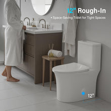 Load image into Gallery viewer, 12 in Rough-In 1-Piece, 0.9/1.3 GPF Jet Siphon Flush Elongated Toilet in White Ceramic with Soft-Close Seat