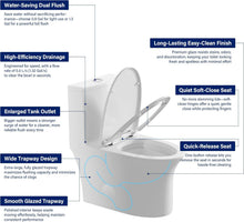 Load image into Gallery viewer, 12 in Rough-In 1-Piece, 0.9/1.3 GPF Swirl Flush Elongated Toilet in White Ceramic with Soft-Close Seat 16.54 Height
