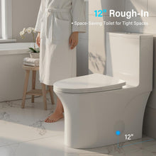 Load image into Gallery viewer, 12 in Rough-In 1-Piece, 0.9/1.3 GPF Swirl Flush Elongated Toilet in White Ceramic with Soft-Close Seat 16.54 Height
