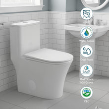 Load image into Gallery viewer, 12 in Rough-In 1-Piece, 0.9/1.3 GPF Swirl Flush Elongated Toilet in White Ceramic with Soft-Close Seat
