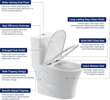 Load image into Gallery viewer, 12 in Rough-In 1-Piece, 0.9/1.3 GPF Swirl Flush Elongated Toilet in White Ceramic with Soft-Close Seat
