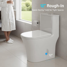 Load image into Gallery viewer, 12 in Rough-In 1-Piece, 0.9/1.3 GPF Swirl Flush Elongated Toilet in White Ceramic with Soft-Close Seat

